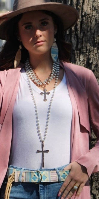 Pearl and Copper Cross Necklace