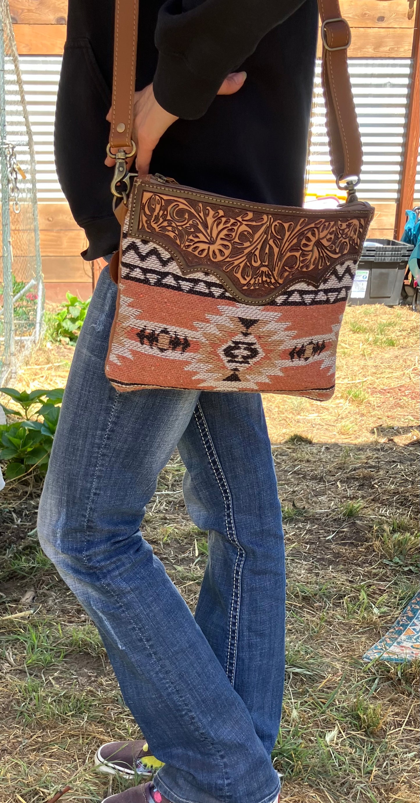 Tooled Leather & Aztec Crossbody Purse