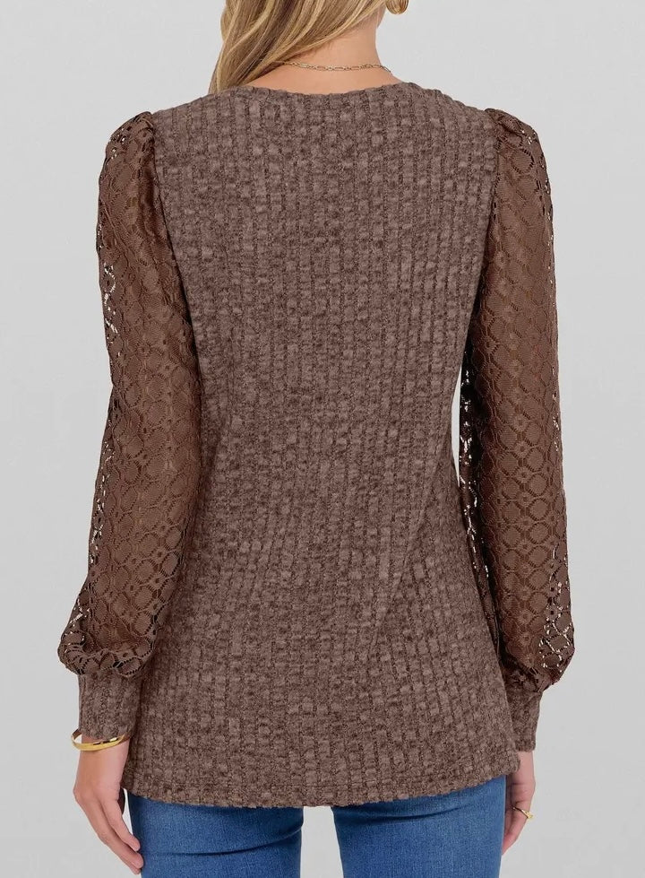 Brown V-Neck Knit Top with Lace Puff Long Sleeves