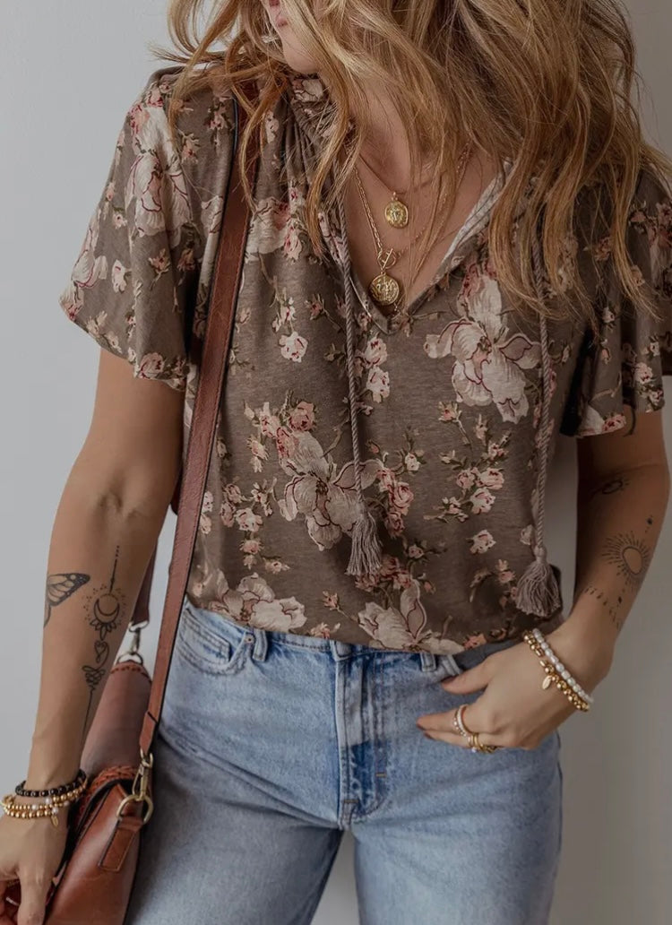 Floral Print Short Sleeve Blouse
