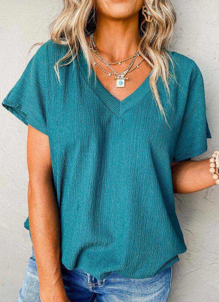 Turquoise Crinkled V Neck T-Shirt