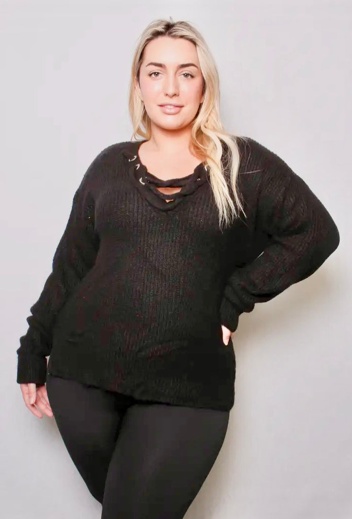 Plus Size Black Lace Up Sweater