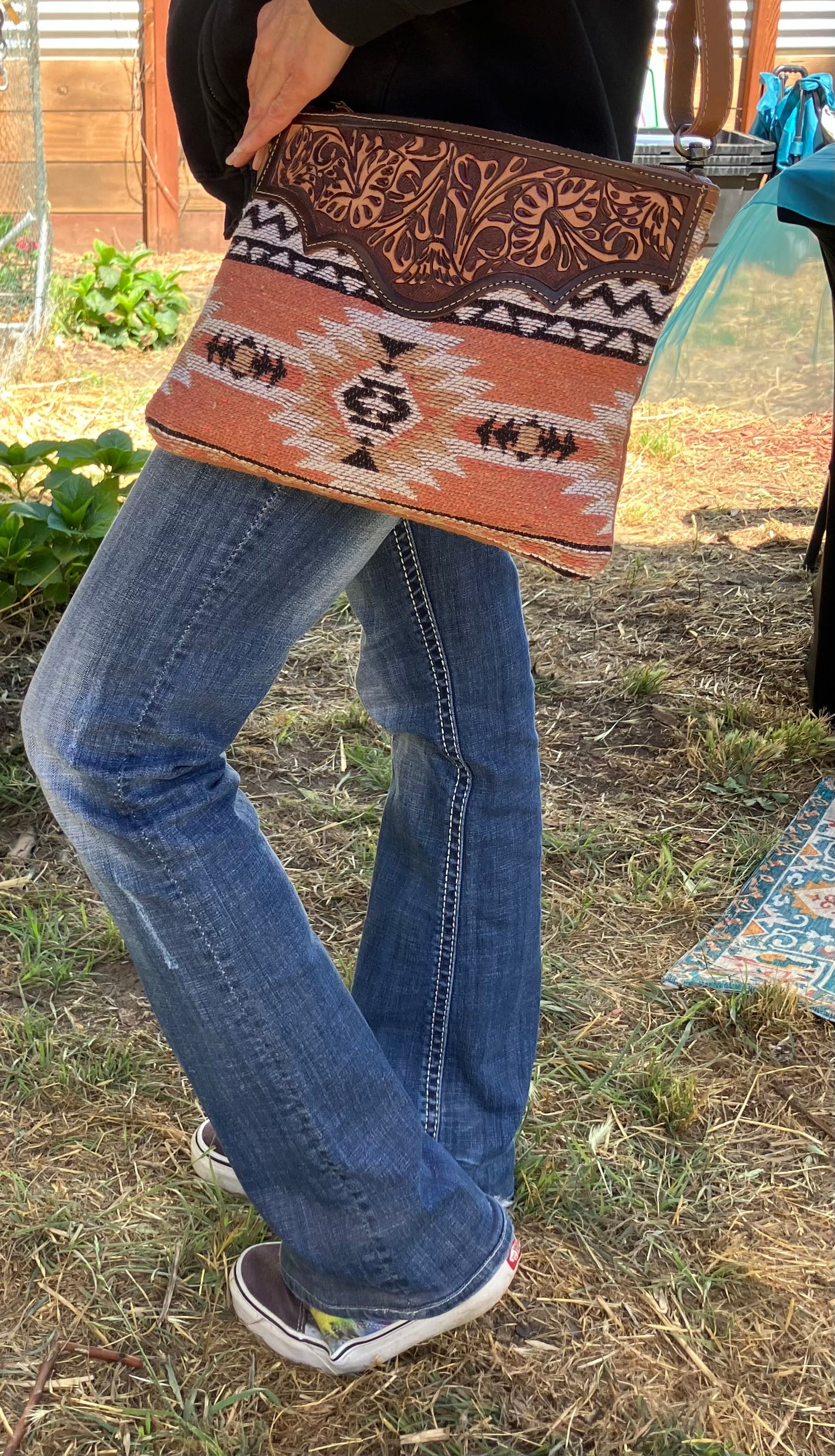 Tooled Leather & Aztec Crossbody Purse