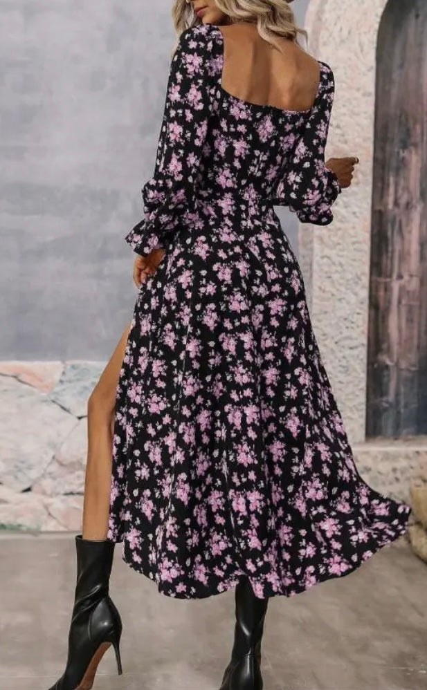 Pink Floral Boho Long-Sleeved Maxi Dress