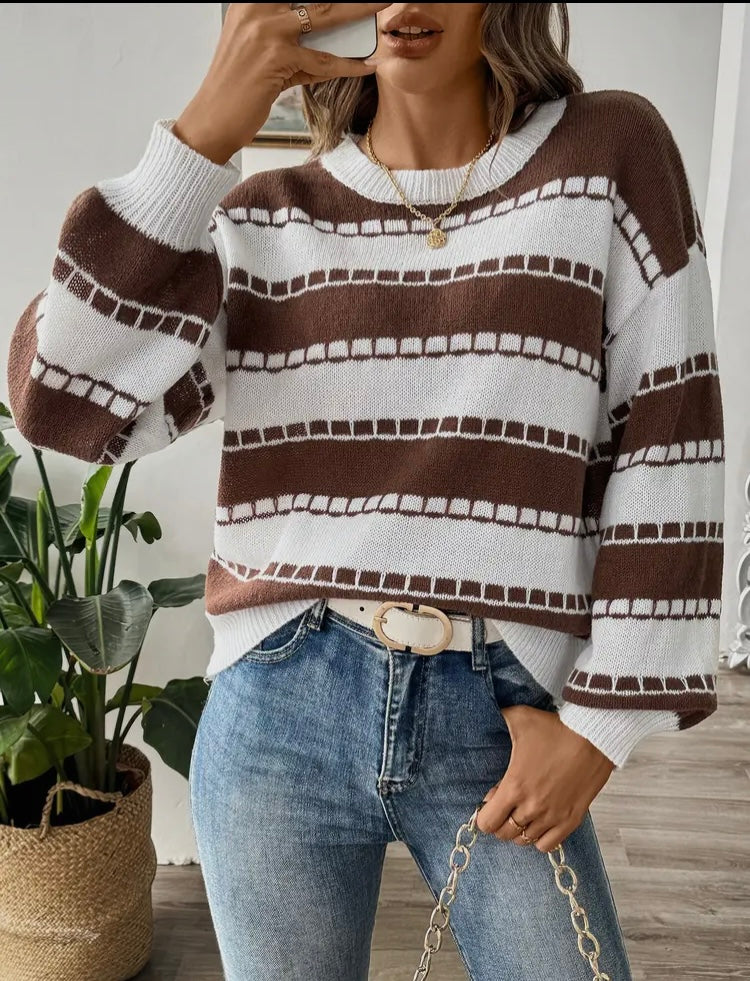 Brown Striped Casual Sweater