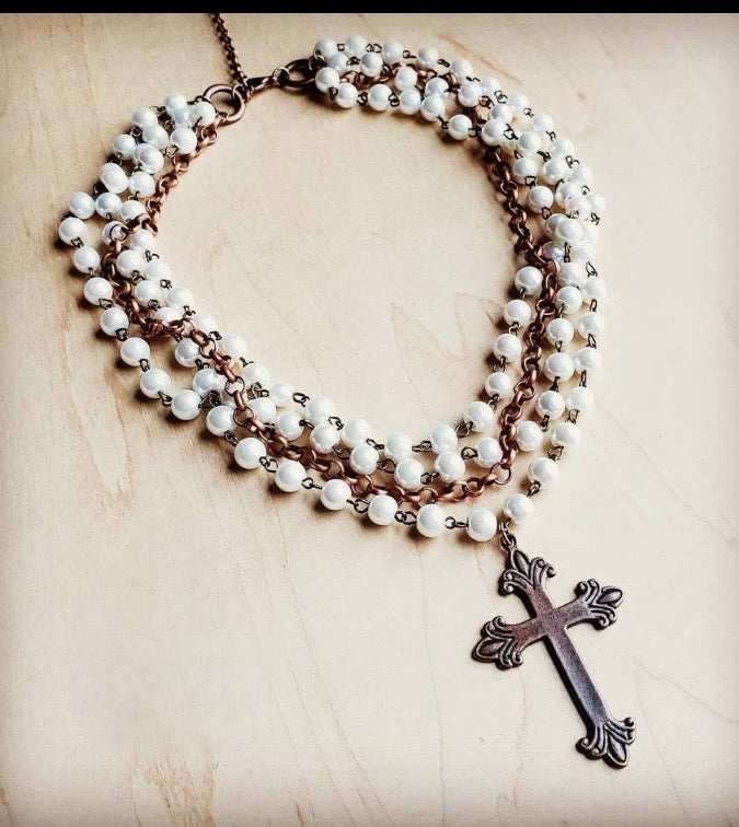 Pearl and Copper Cross Necklace