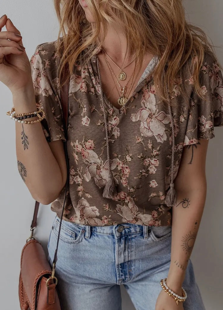 Floral Print Short Sleeve Blouse