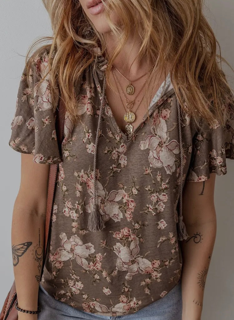 Floral Print Short Sleeve Blouse