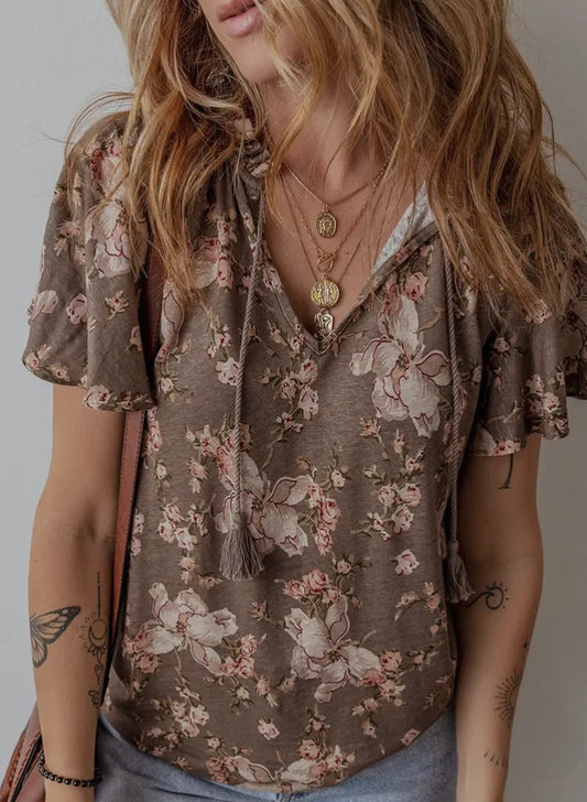 Floral Print Short Sleeve Blouse