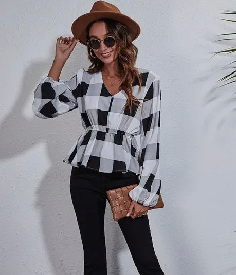 Black N White Plaid Blouse