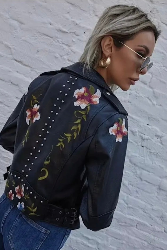 Faux Leather Floral Jacket