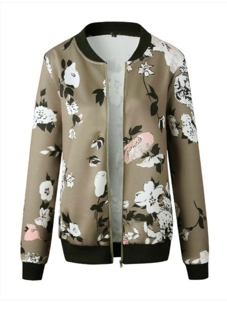 Floral Printed Zip Up Bomber Jacket