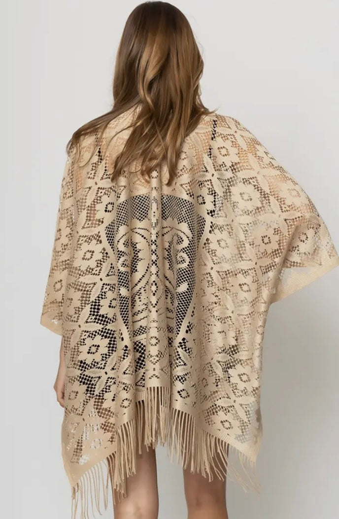 Gold Floral Lace Kimono with Fringe