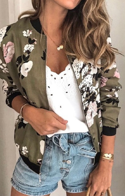 Floral Printed Zip Up Bomber Jacket