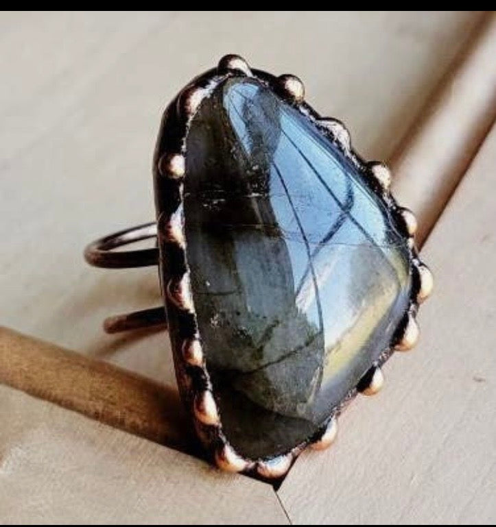 Genuine Labradorite Ring Set in Antique Copper