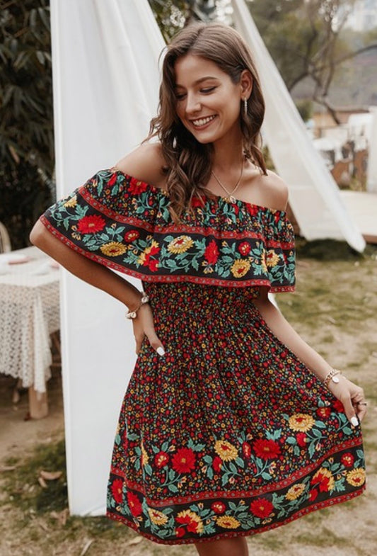 Floral Off Shoulder Ruffled Dress