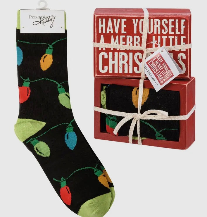 Merry Little Christmas Box Sign and Sock Set