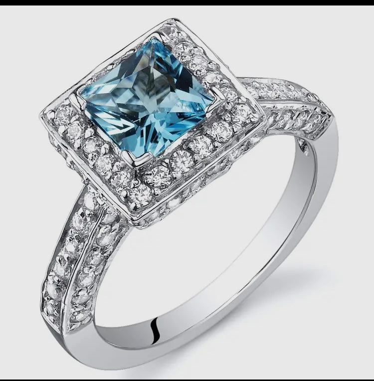 Swiss Blue Topaz Princess Cut Sterling Silver Ring Size 6