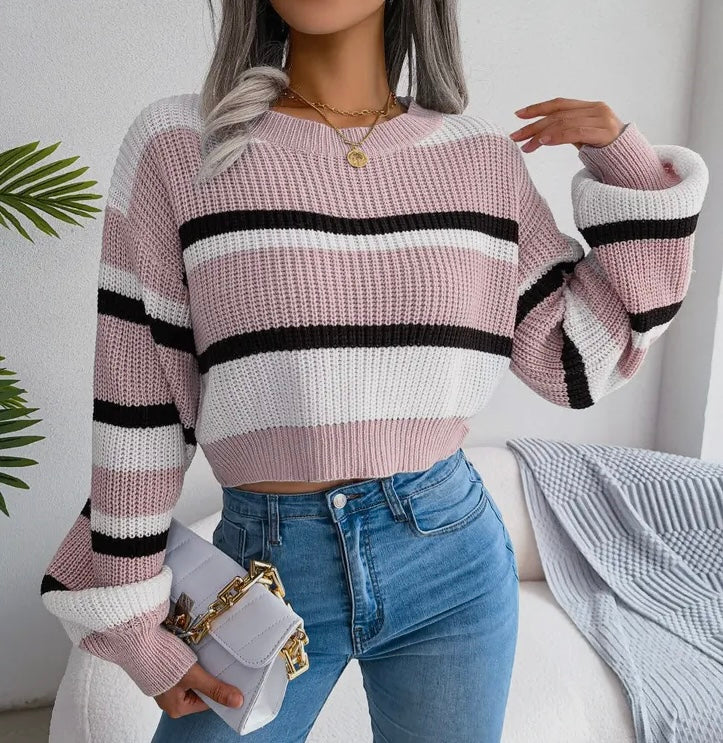 Pink & Black Striped Crop Top Sweater
