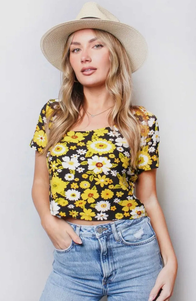 Black & Yellow Floral Crop Top