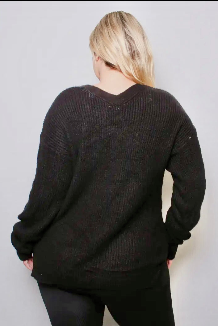 Plus Size Black Lace Up Sweater