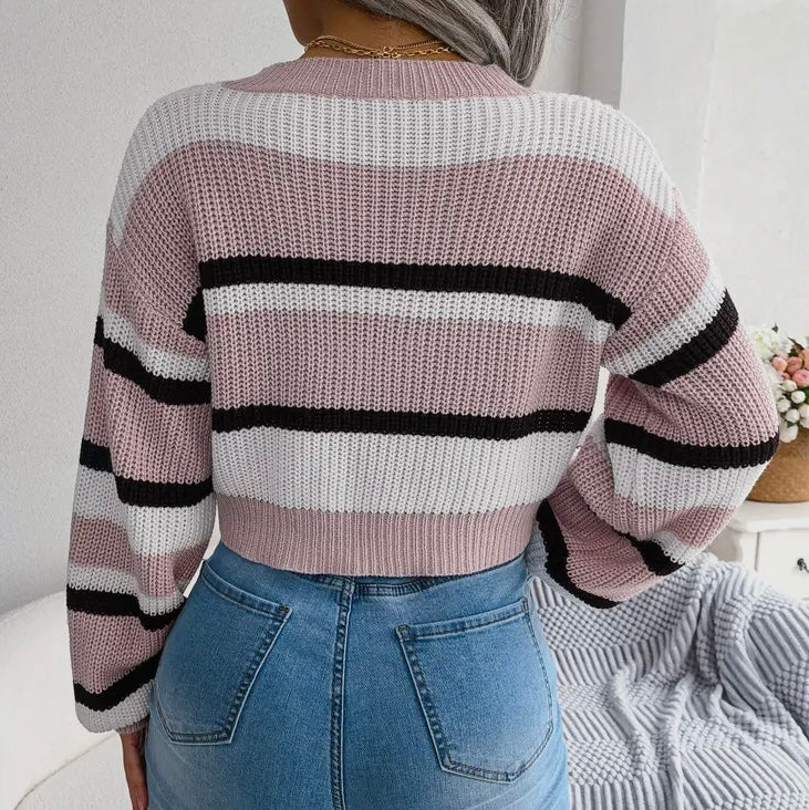 Pink & Black Striped Crop Top Sweater