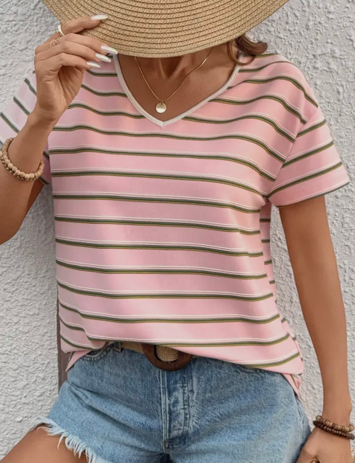 Pink Striped Short Sleeve T-Shirt