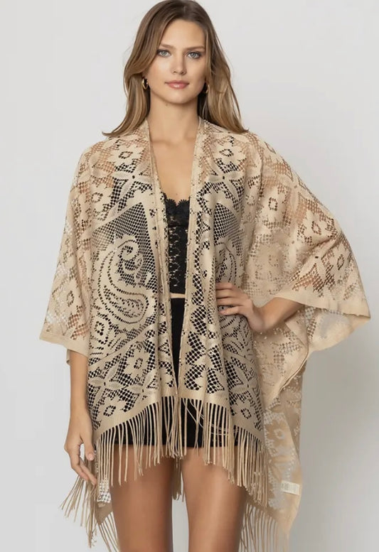 Gold Floral Lace Kimono with Fringe