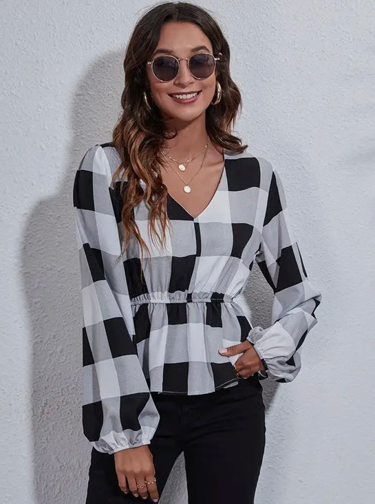 Black N White Plaid Blouse