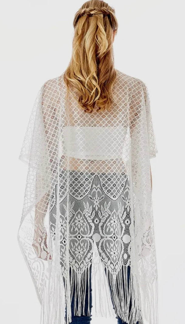 White Hearts Lace Cover Up with Fringe