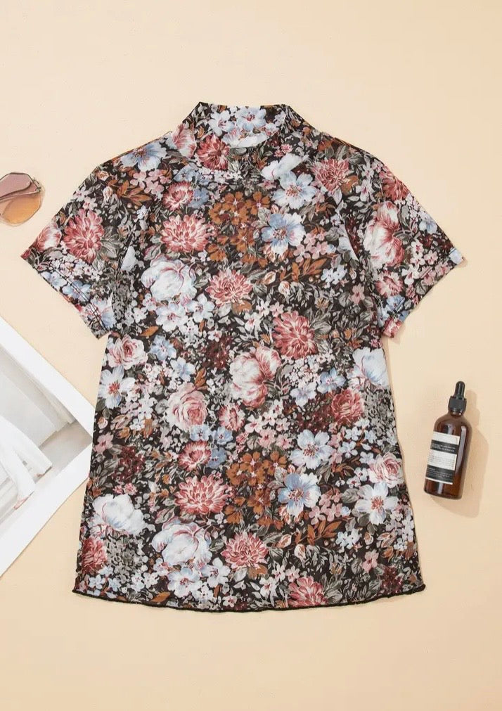 Floral Print Mesh Top