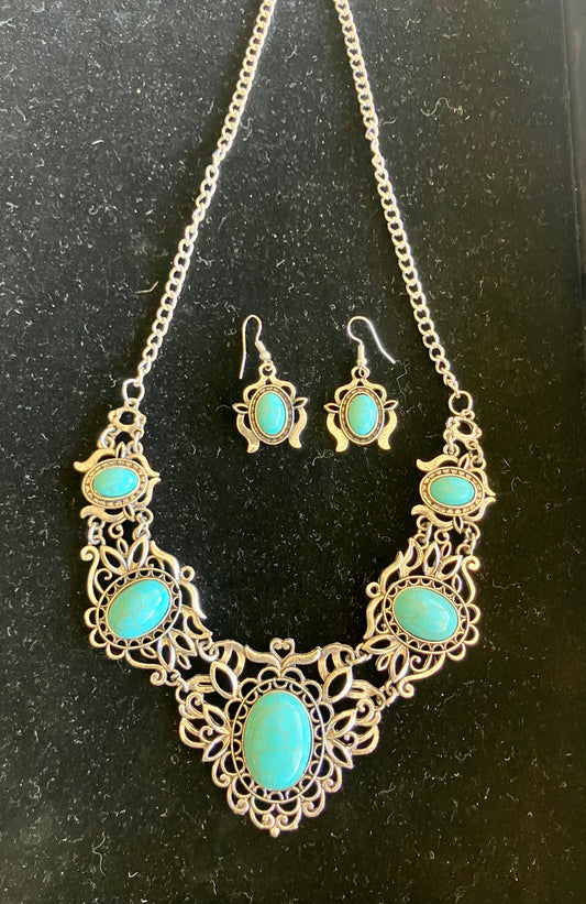 Turquoise & Silver Necklace and Earrings Set