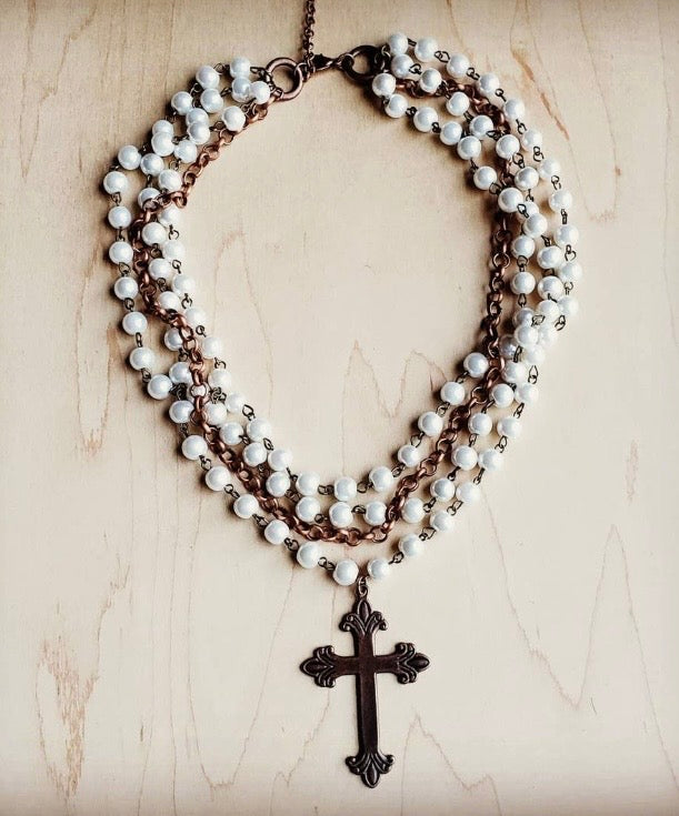 Pearl and Copper Cross Necklace