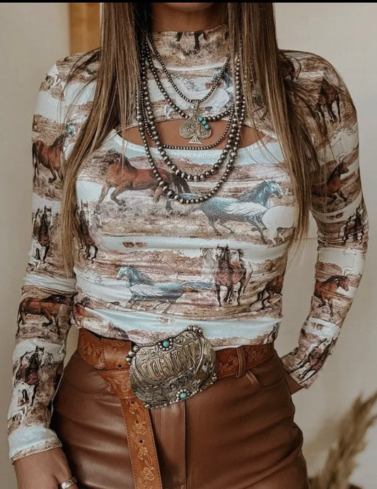 Wild Horse Print Keyhole Top