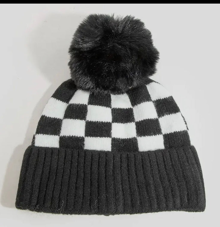 Checkered Pom Pom Beanie in Black & White