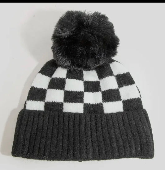 Checkered Pom Pom Beanie in Black & White