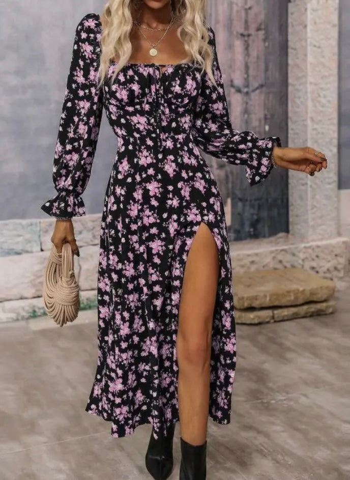 Pink Floral Boho Long-Sleeved Maxi Dress