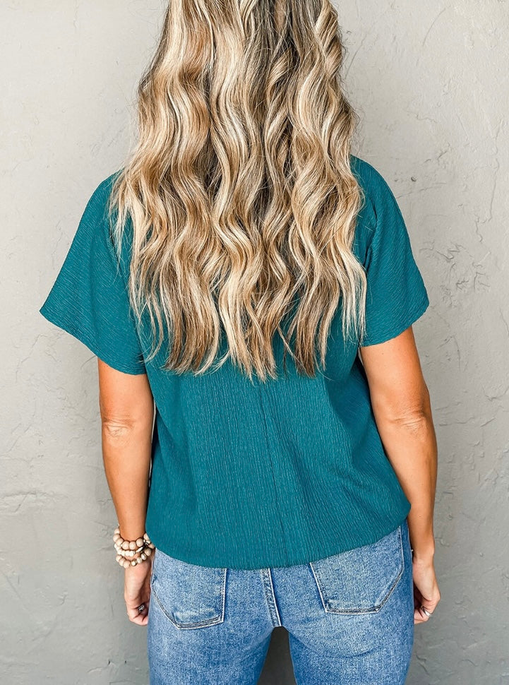 Turquoise Crinkled V Neck T-Shirt