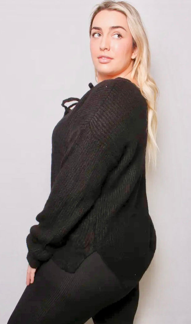 Plus Size Black Lace Up Sweater