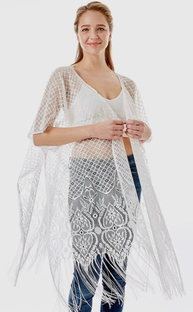 White Hearts Lace Cover Up with Fringe