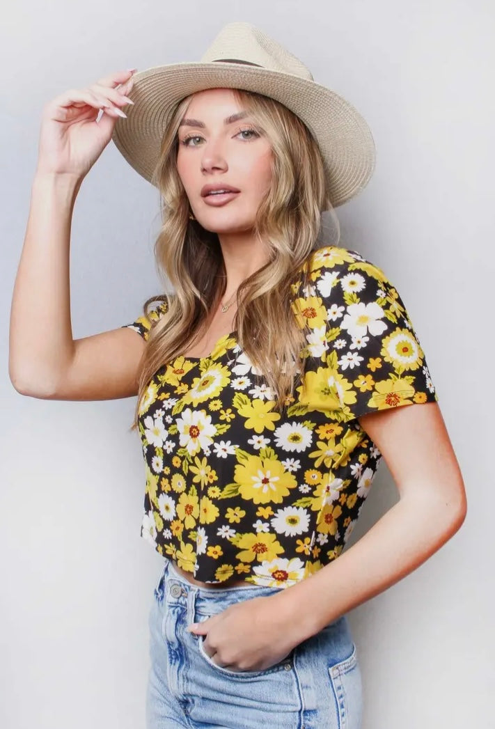 Black & Yellow Floral Crop Top