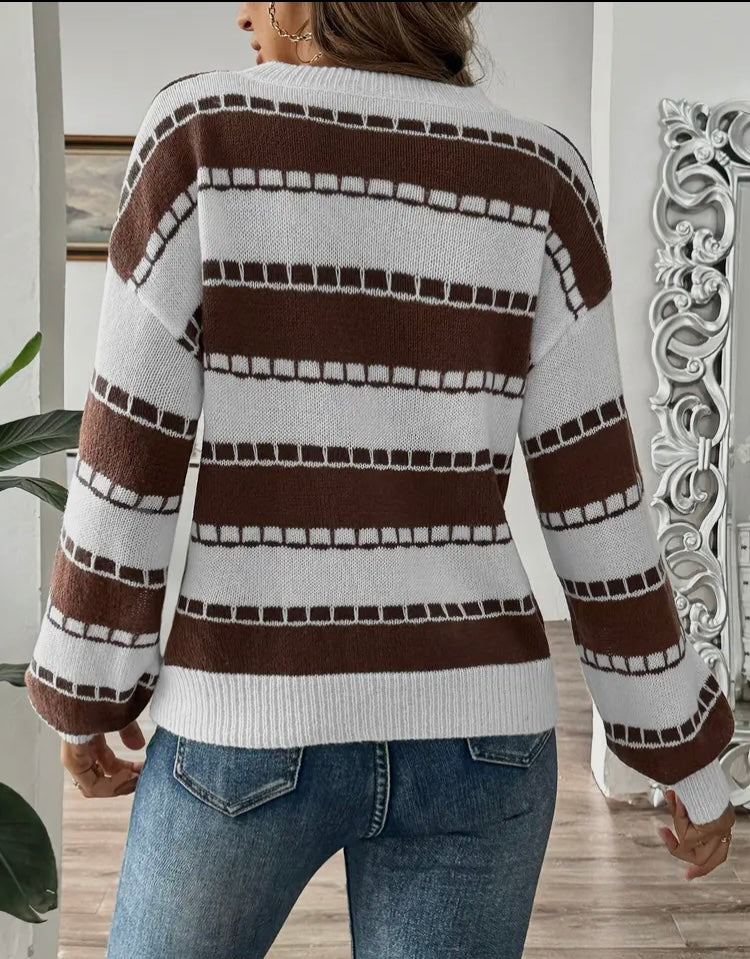 Brown Striped Casual Sweater