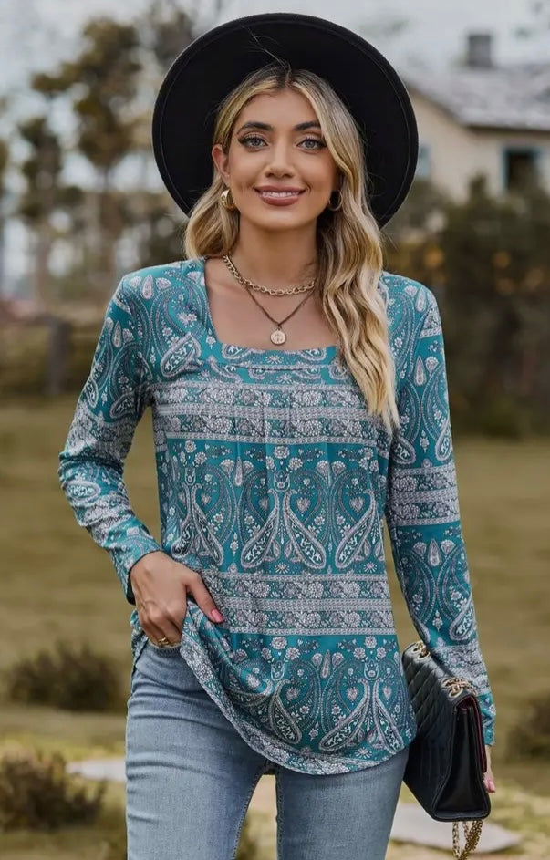 Turquoise Boho Square Neck Top