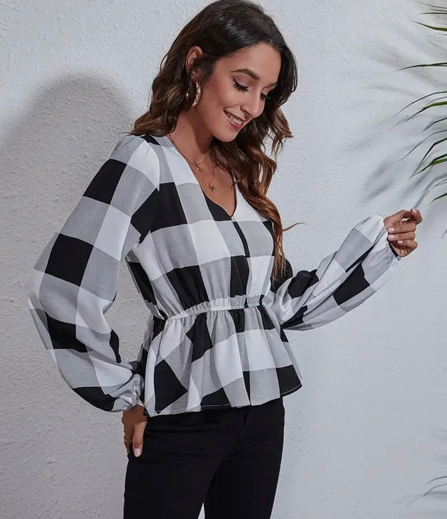 Black N White Plaid Blouse