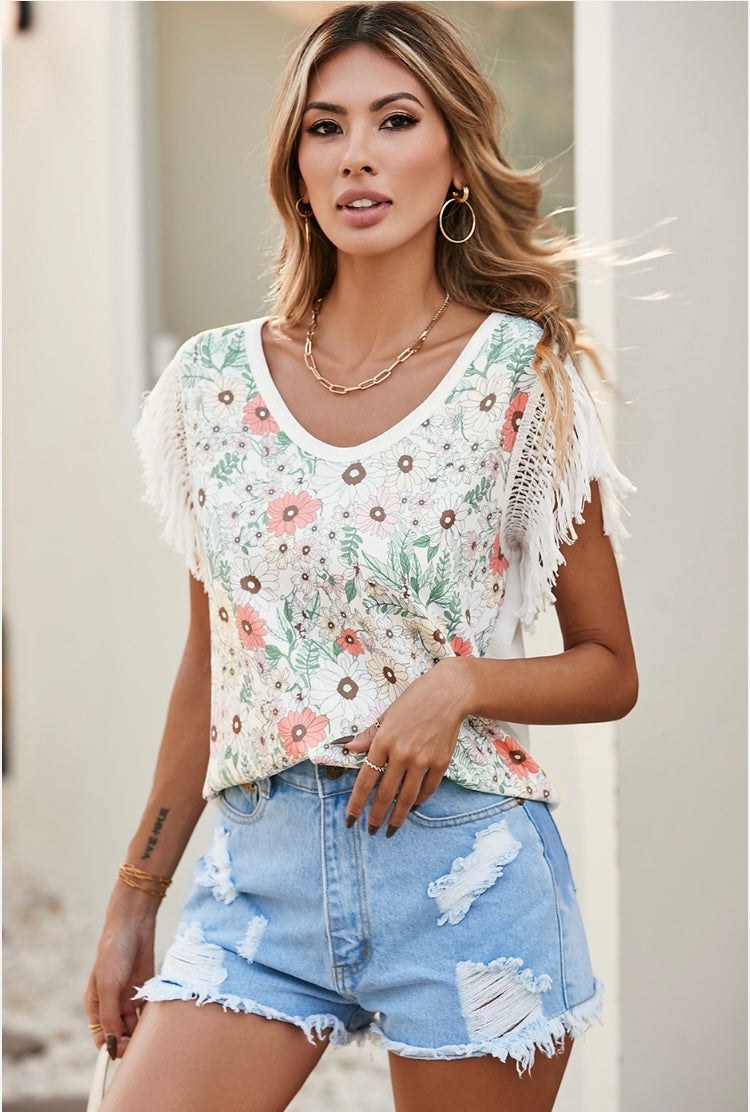 White Floral Print Boho Top