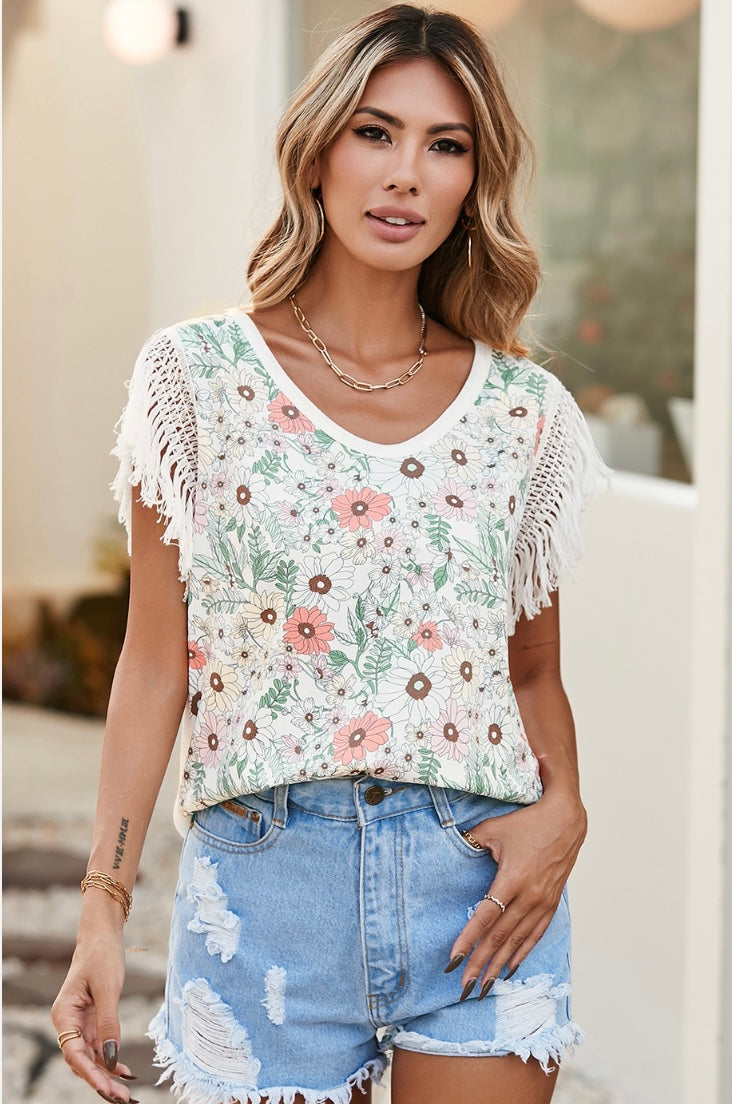 White Floral Print Boho Top