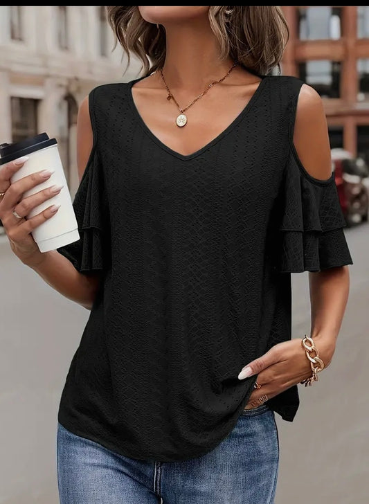 Black Cold Shoulder Jacquard Top