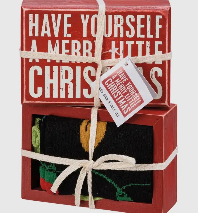 Merry Little Christmas Box Sign and Sock Set