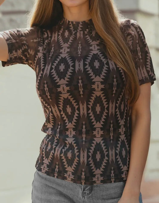 Black Aztec Print Mesh Top