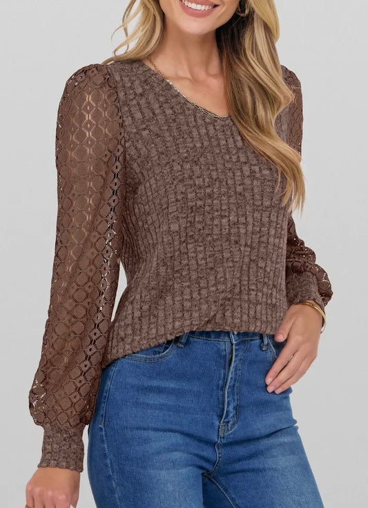 Brown V-Neck Knit Top with Lace Puff Long Sleeves
